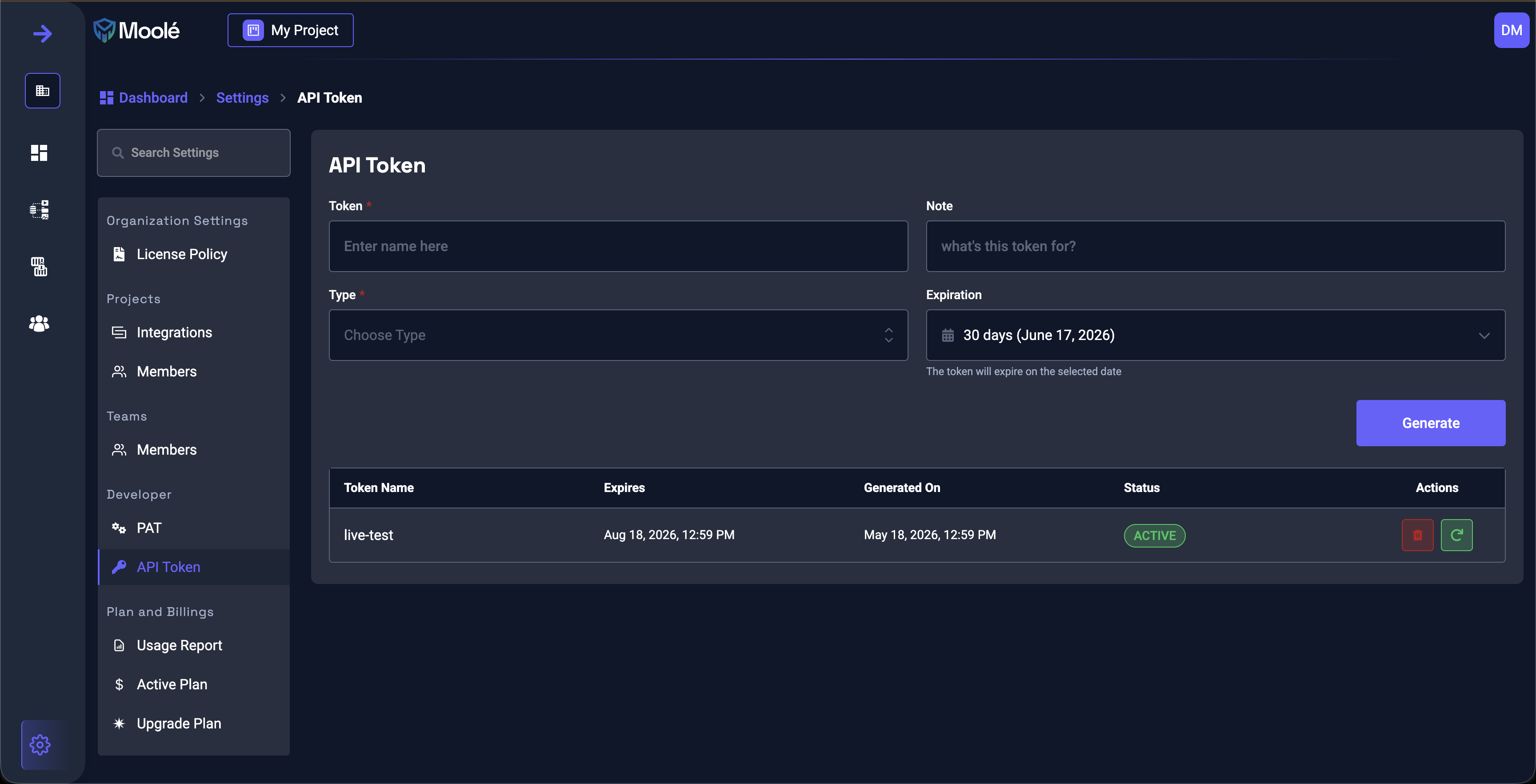 Moole dashboard API Token settings page