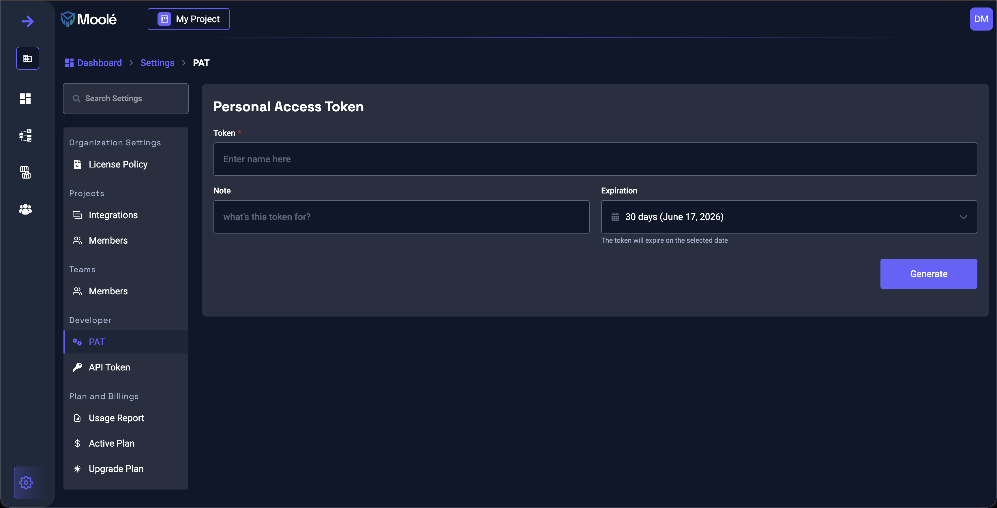 Moole dashboard Personal Access Token settings page